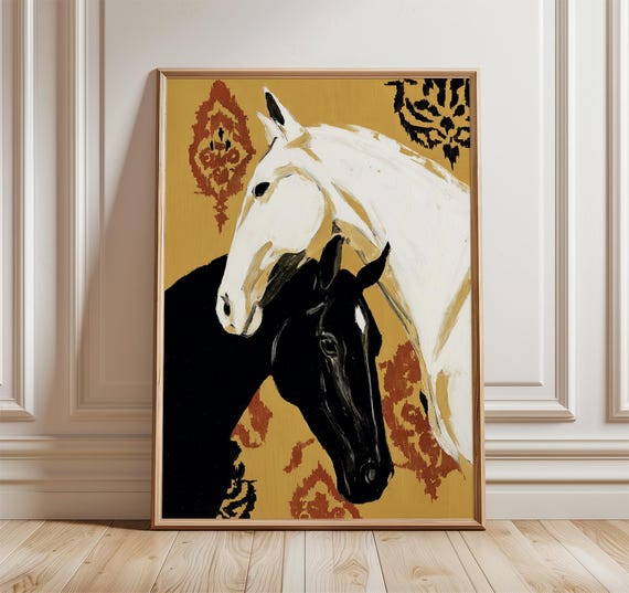 Horse Art Poster Modern Equestrian Wall Print Black And White Painting Bold Golden Abstract Animal Decor For Living Room