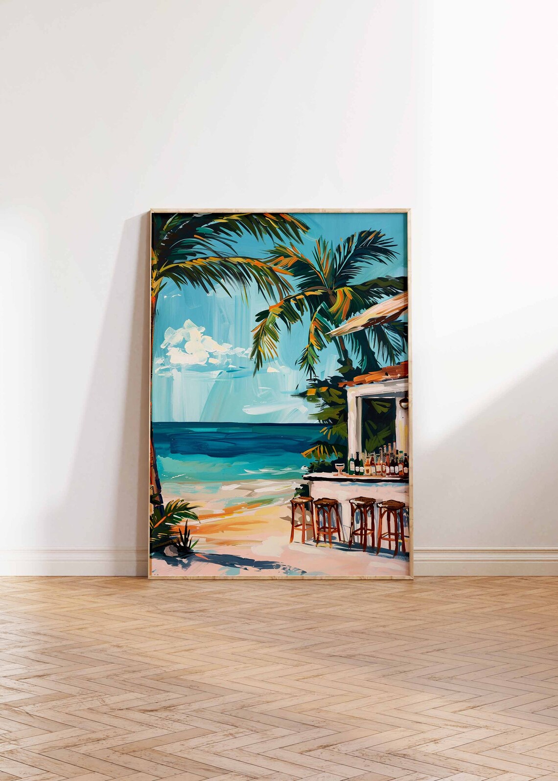 Caribbean Beach Bar Palm Trees Turquoise Sea Cocktail Stools Scene Art Poster - Image 2