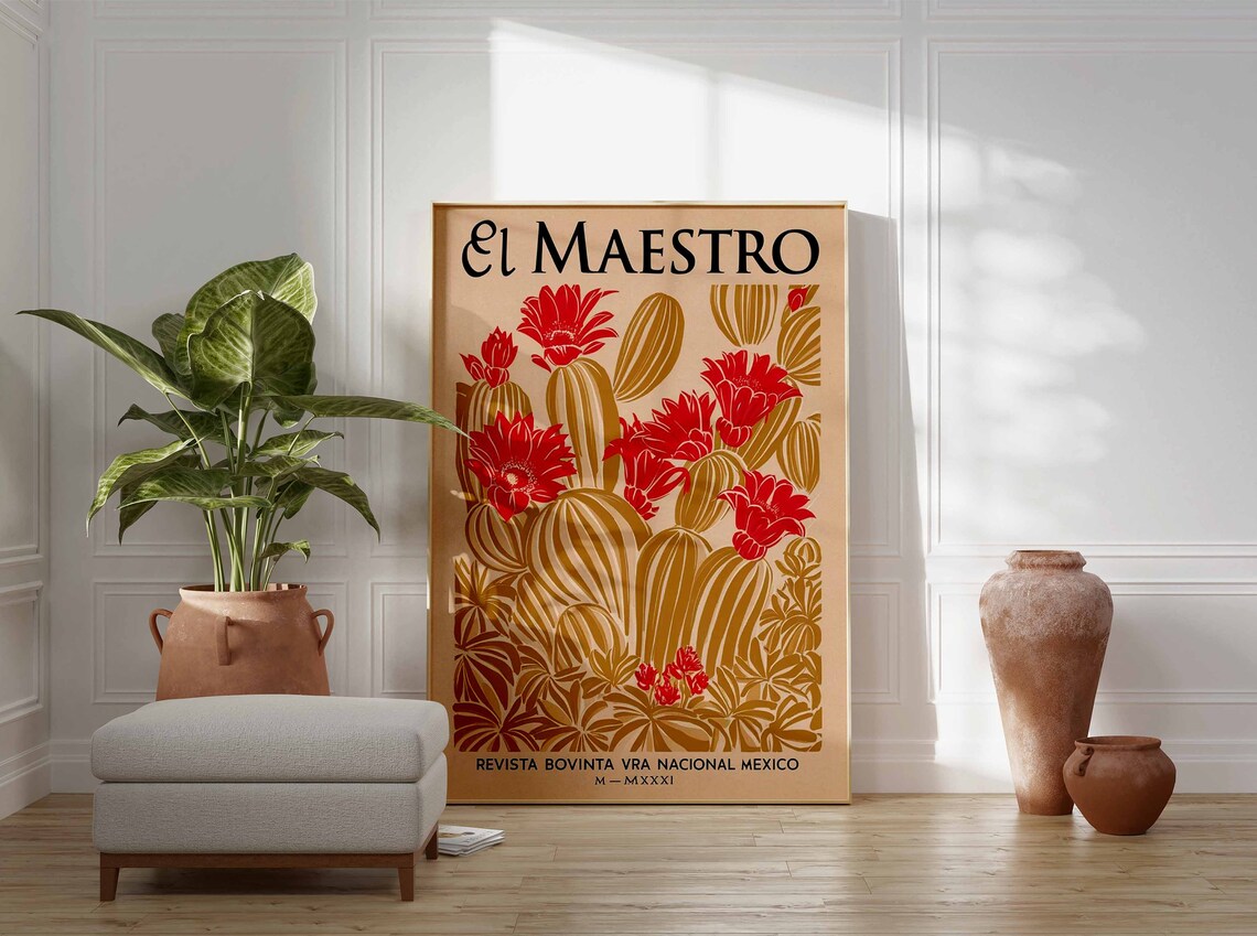 El Maestro Golden Cactus Red Blooms Vintage Mexico Poster Art - Image 2