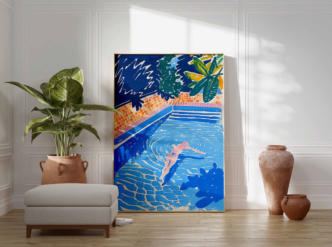 Overhead Blue Swimming Pool Swimmer Painting Poster Summer Water Art - Image 2