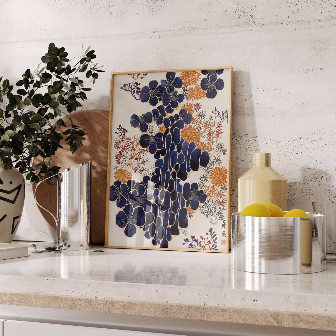 Japanese Wildflowers Navy Orange Vintage Botanical Style Art Poster - Image 3