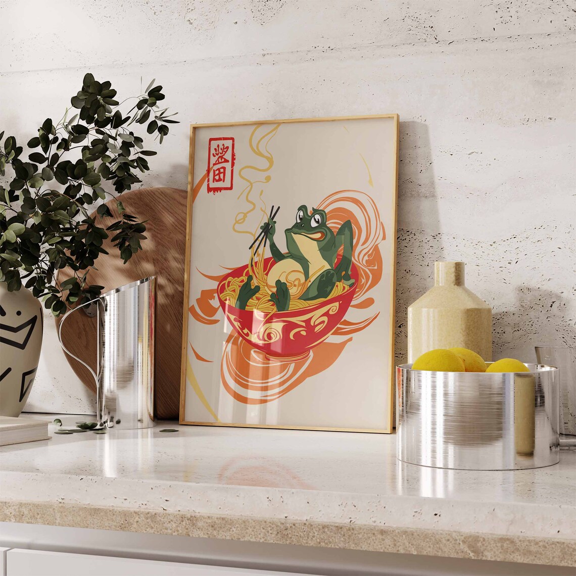 Happy Frog Ramen Noodle Bowl Chopsticks Japanese Humor Art Poster - Image 3
