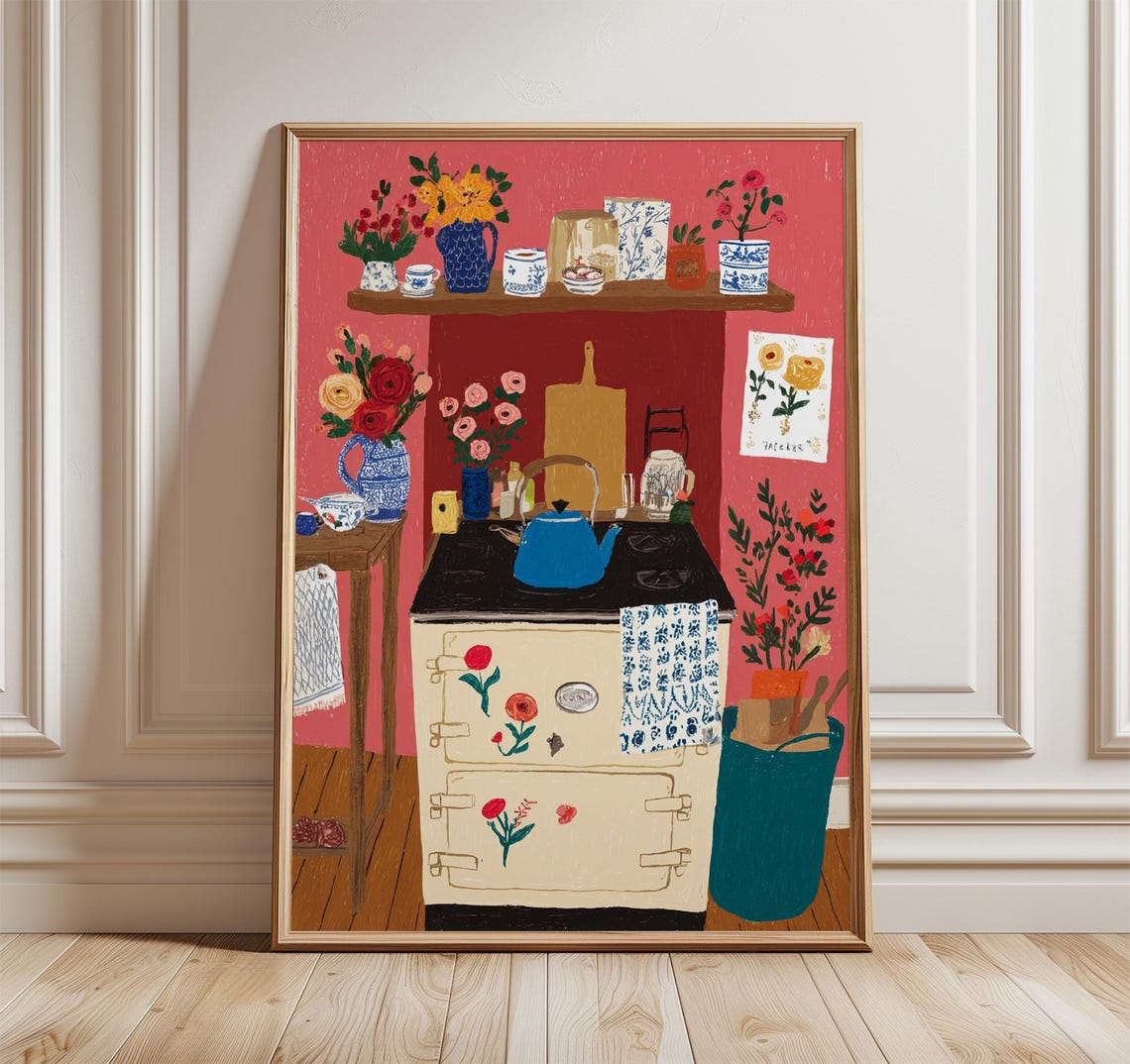 Cozy Farmhouse Kitchen Coral Wall Cream Range Blue Kettle Poster