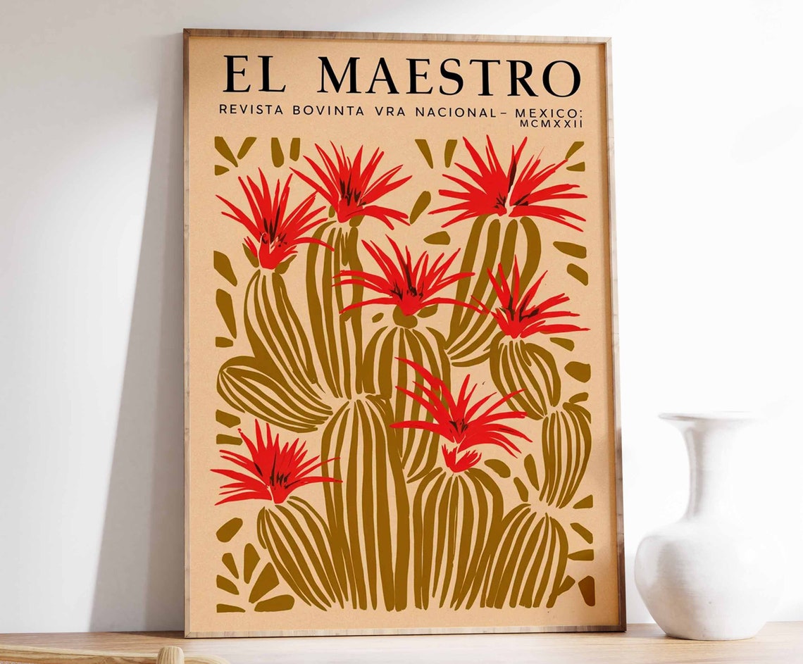 El Maestro Cactus Print Mexico Mid Century Botanical Red Blooms