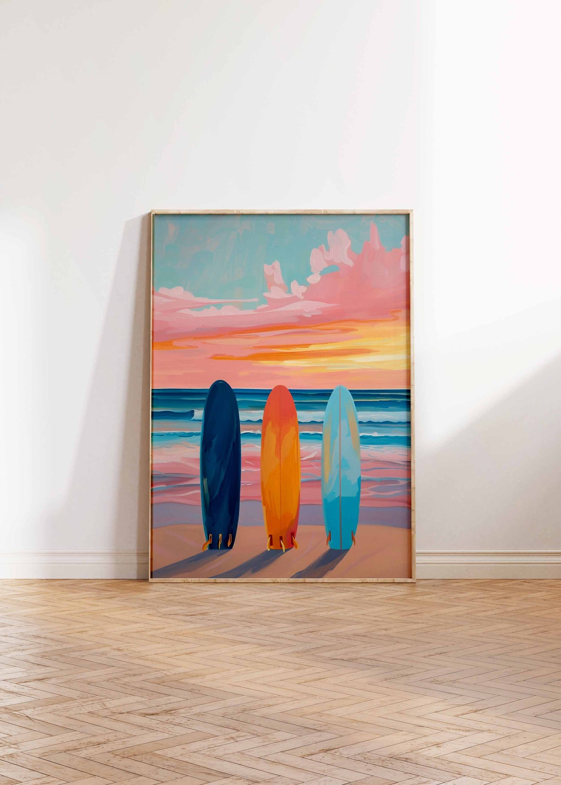Three Surfboards Sunset Beach Ocean Waves Coastal Scene Wall Art - Image 2