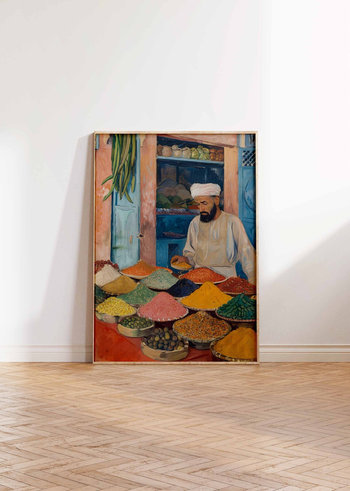 Spice Merchant Portrait Behind Mounds of Colorful Spices Poster - Image 2