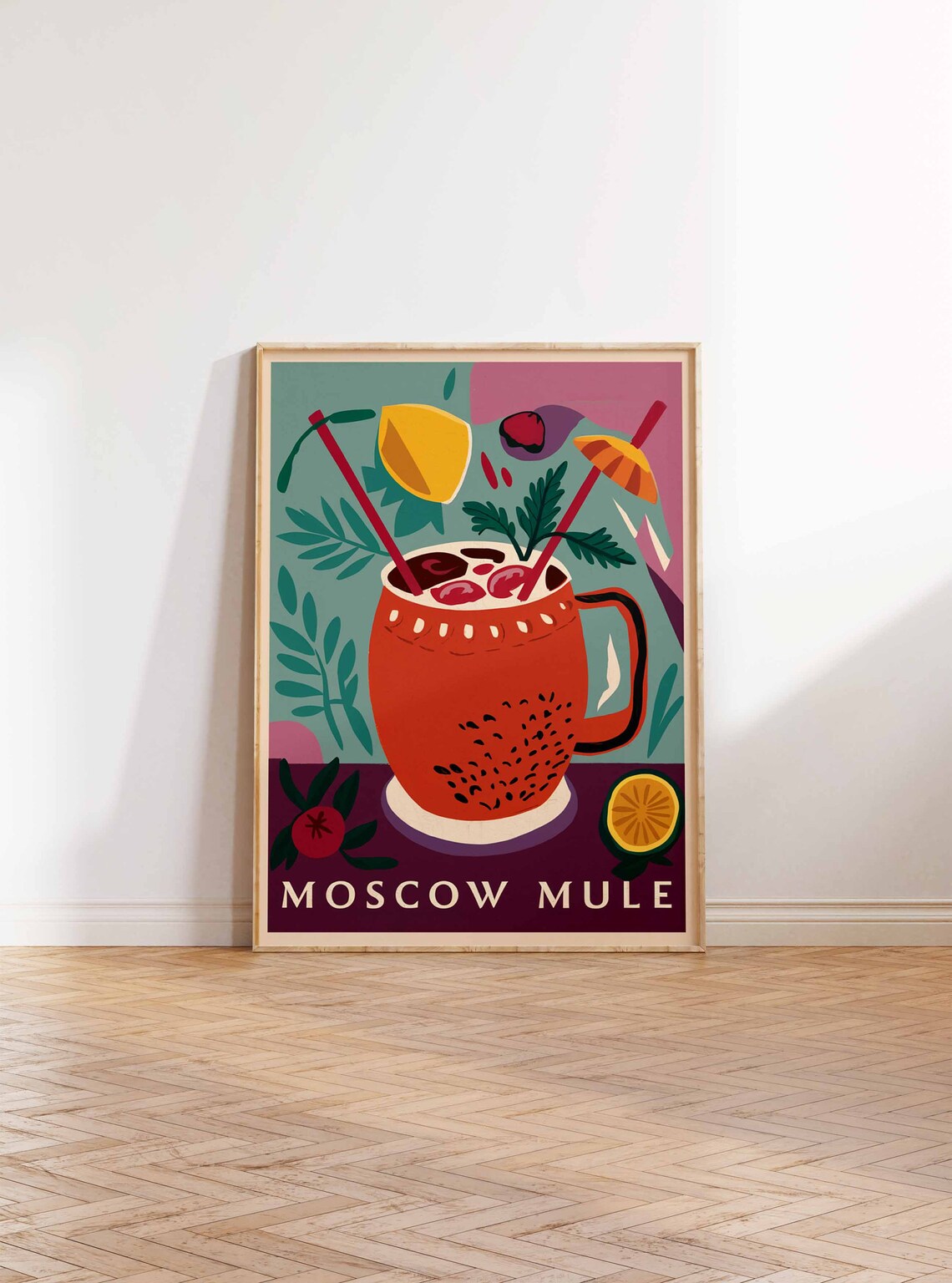 Moscow Mule Copper Mug Plum Cocktail Umbrella Tiki Bar Wall Art - Image 2