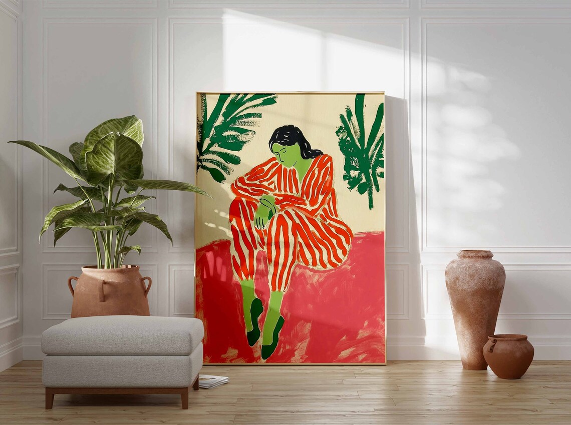 Woman in Red Striped Pajamas Bold Color Modern Figurative Poster - Image 2