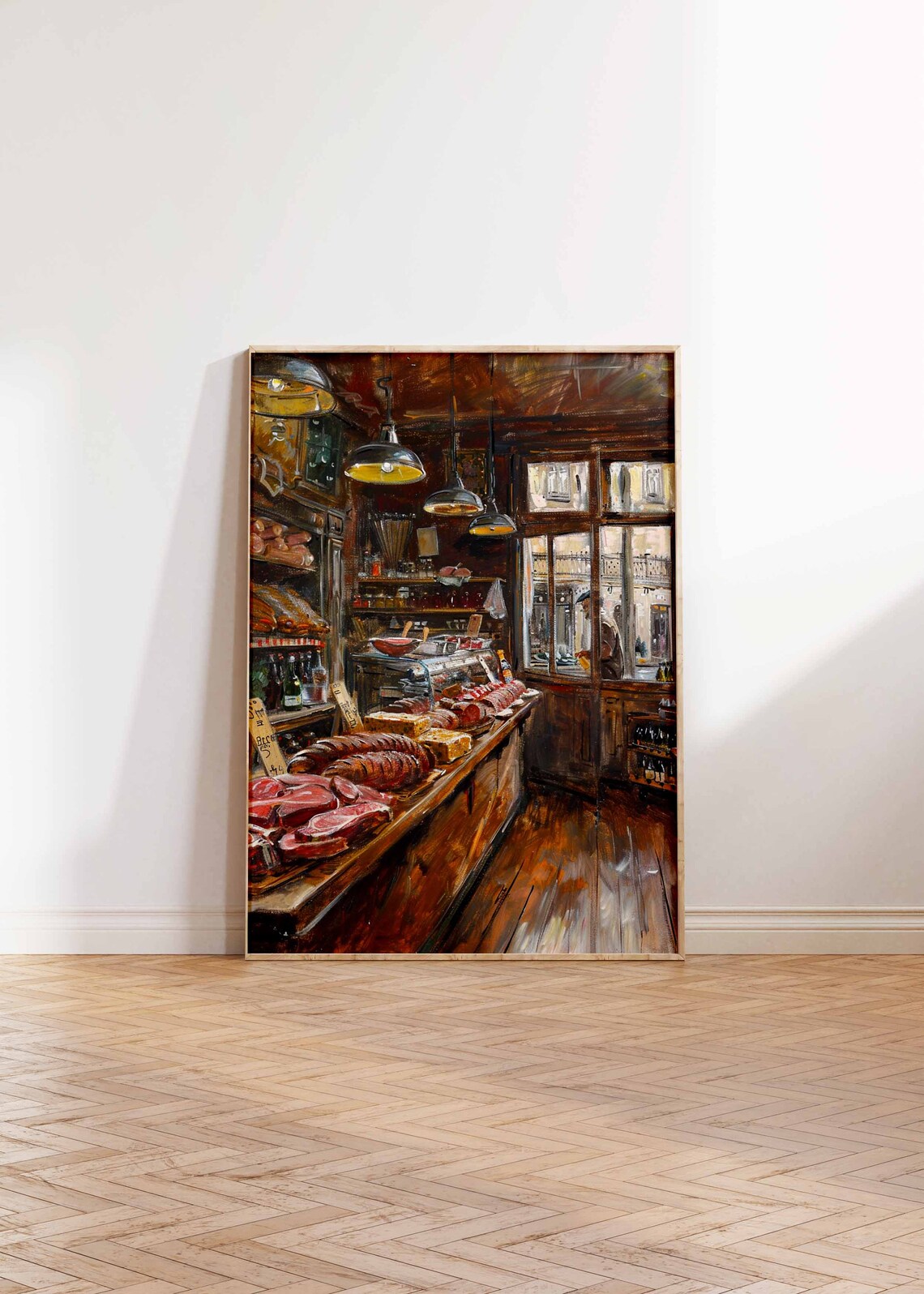 Vintage Meat Counter Butcher Deli Hanging Lamps Shelves Poster - Image 2