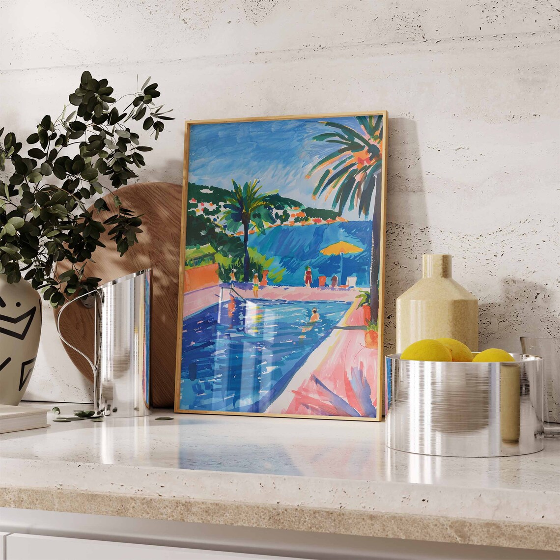 Mediterranean Poolside Palm Trees Yellow Umbrella Sea Art Poster - Image 2