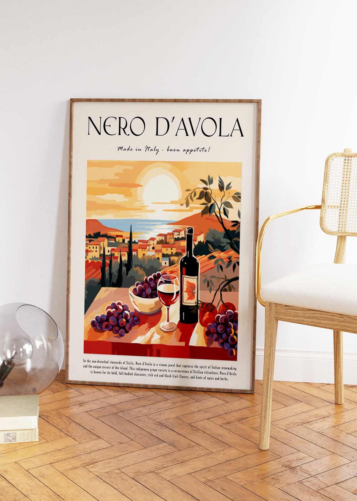 Nero d'Avola Sicilian Wine Sunset Vineyard Italian Travel Poster - Image 2