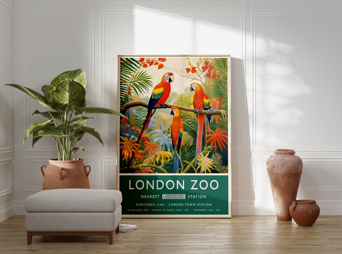 London Zoo Scarlet Macaw Parrots Underground Travel Art Poster Gift - Image 2