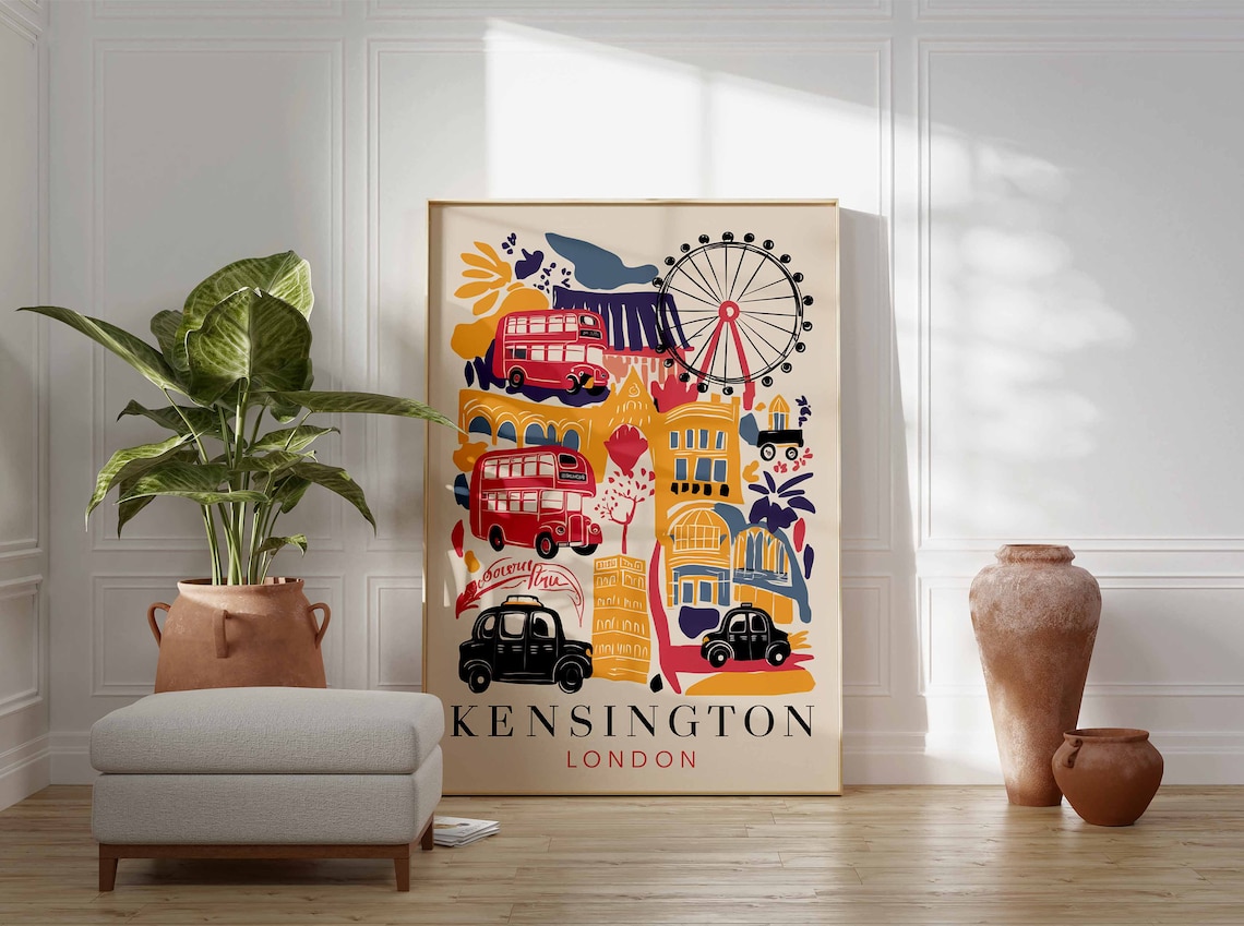 Kensington London Icons Buses Taxis And The Eye Collage Poster - Image 3