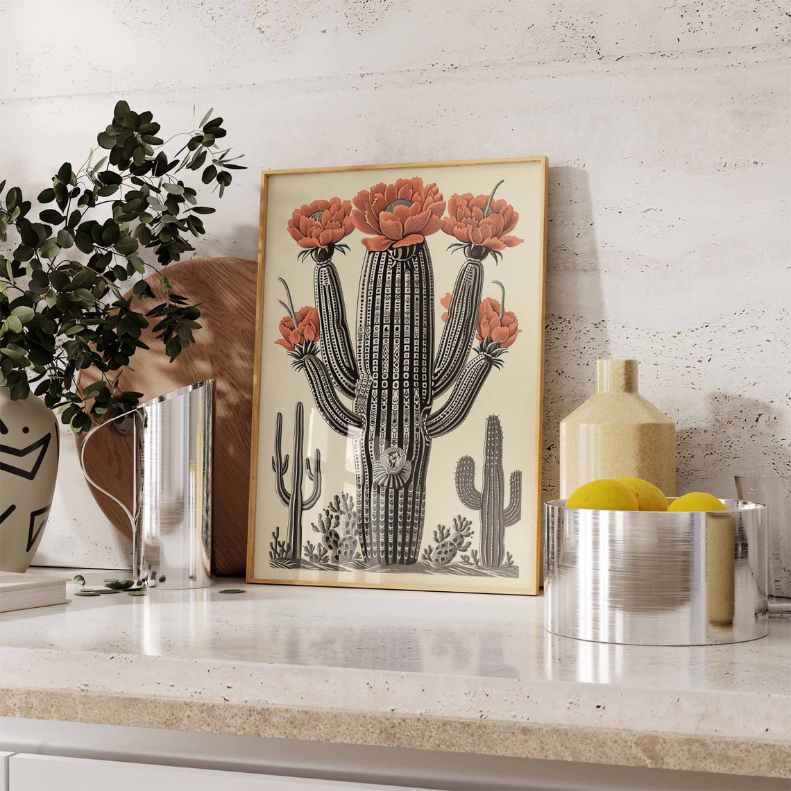 Vintage Mexican Cactus Bloom Botanical Engraving Desert Art Poster - Image 2