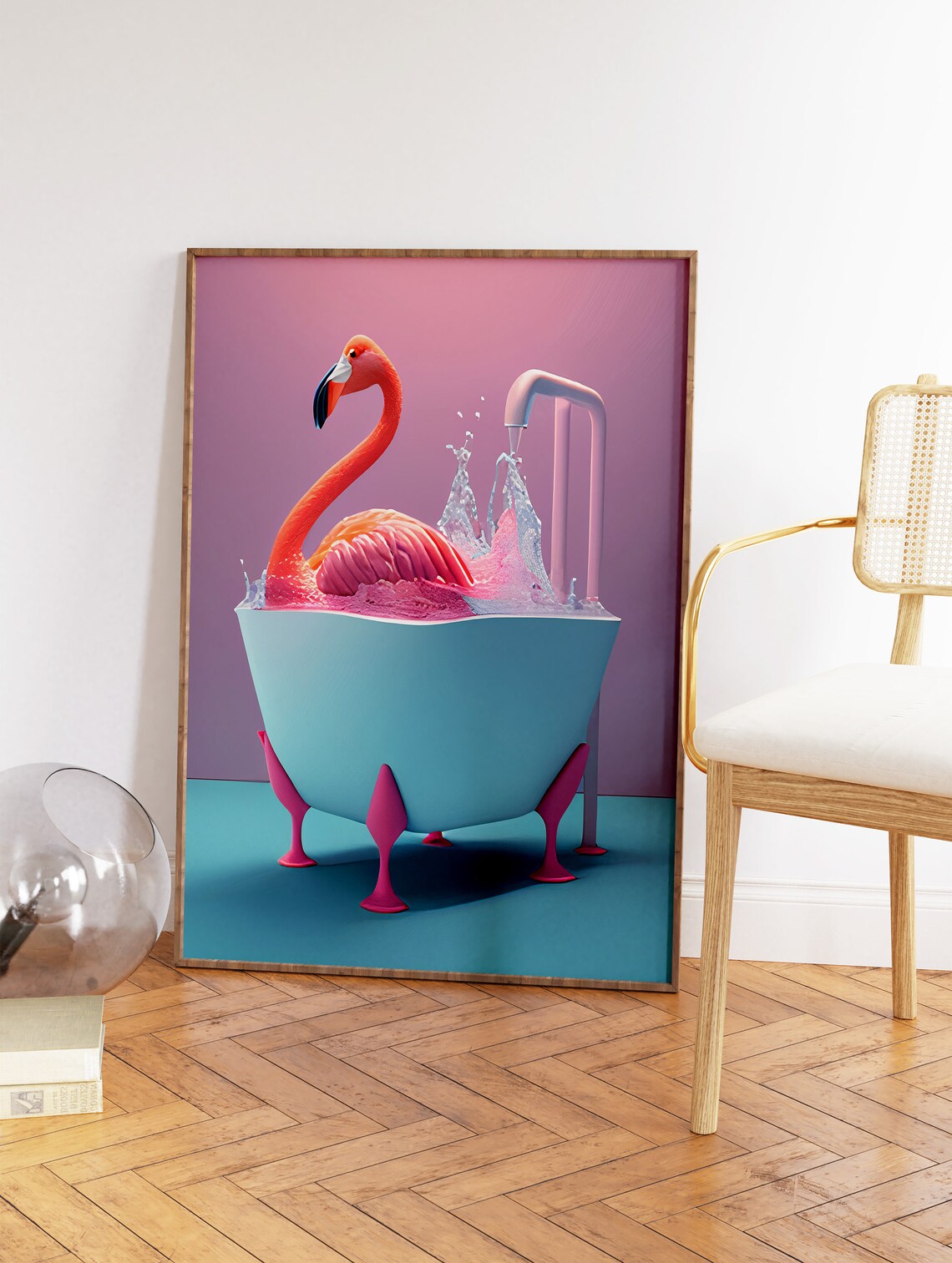 Pink Flamingo Splashing in Bathtub Funny 3D Animal Bath Poster - Image 2