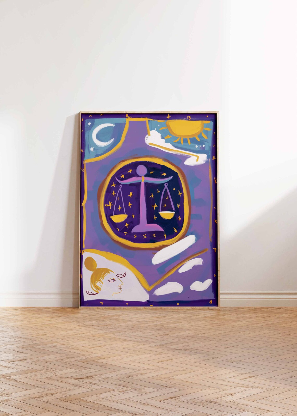 Libra Zodiac Scales Lavender Starry Sky Woman Line Art Poster - Image 2