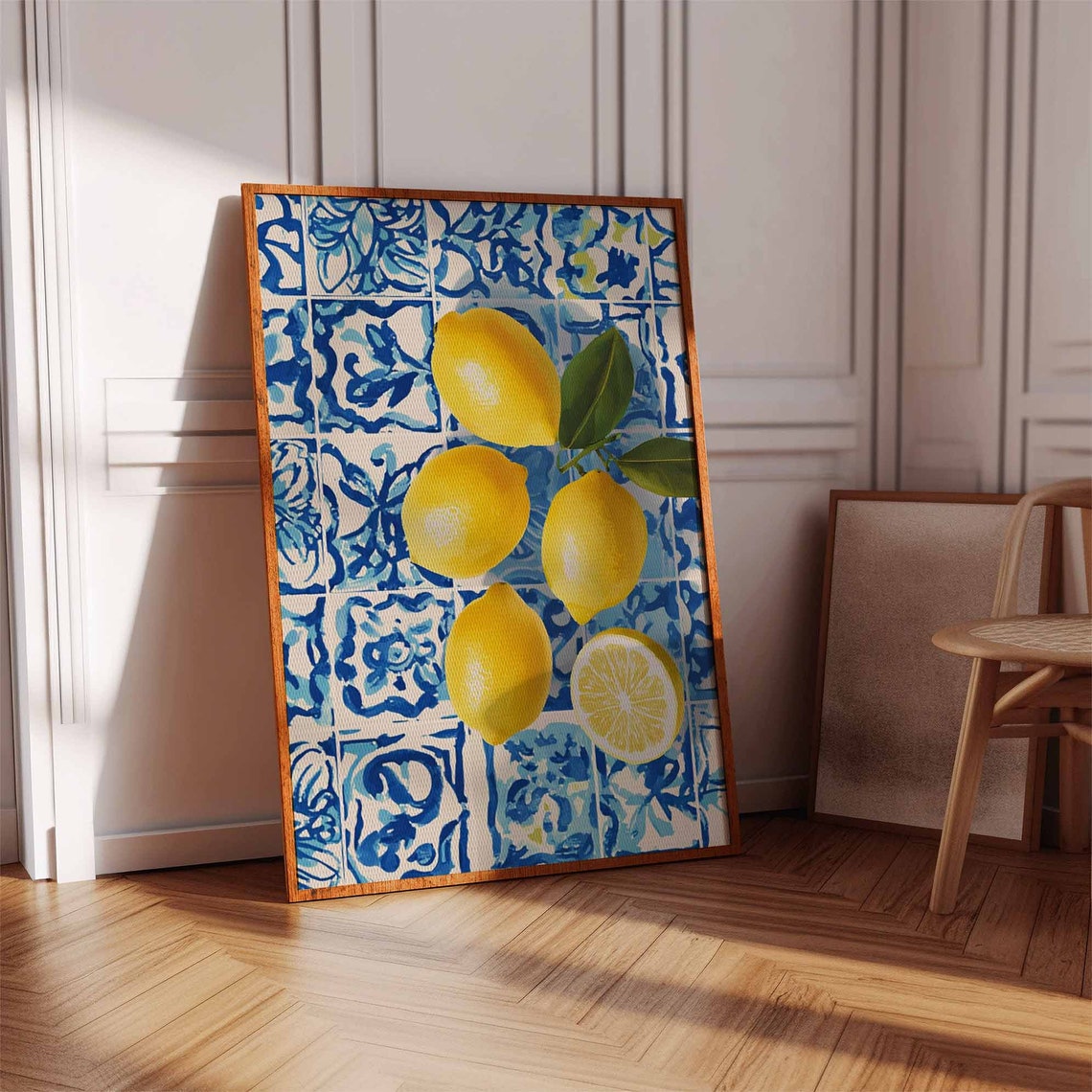 Retro Lemons Blue White Tile Tropical Citrus Kitchen Art Poster - Image 2