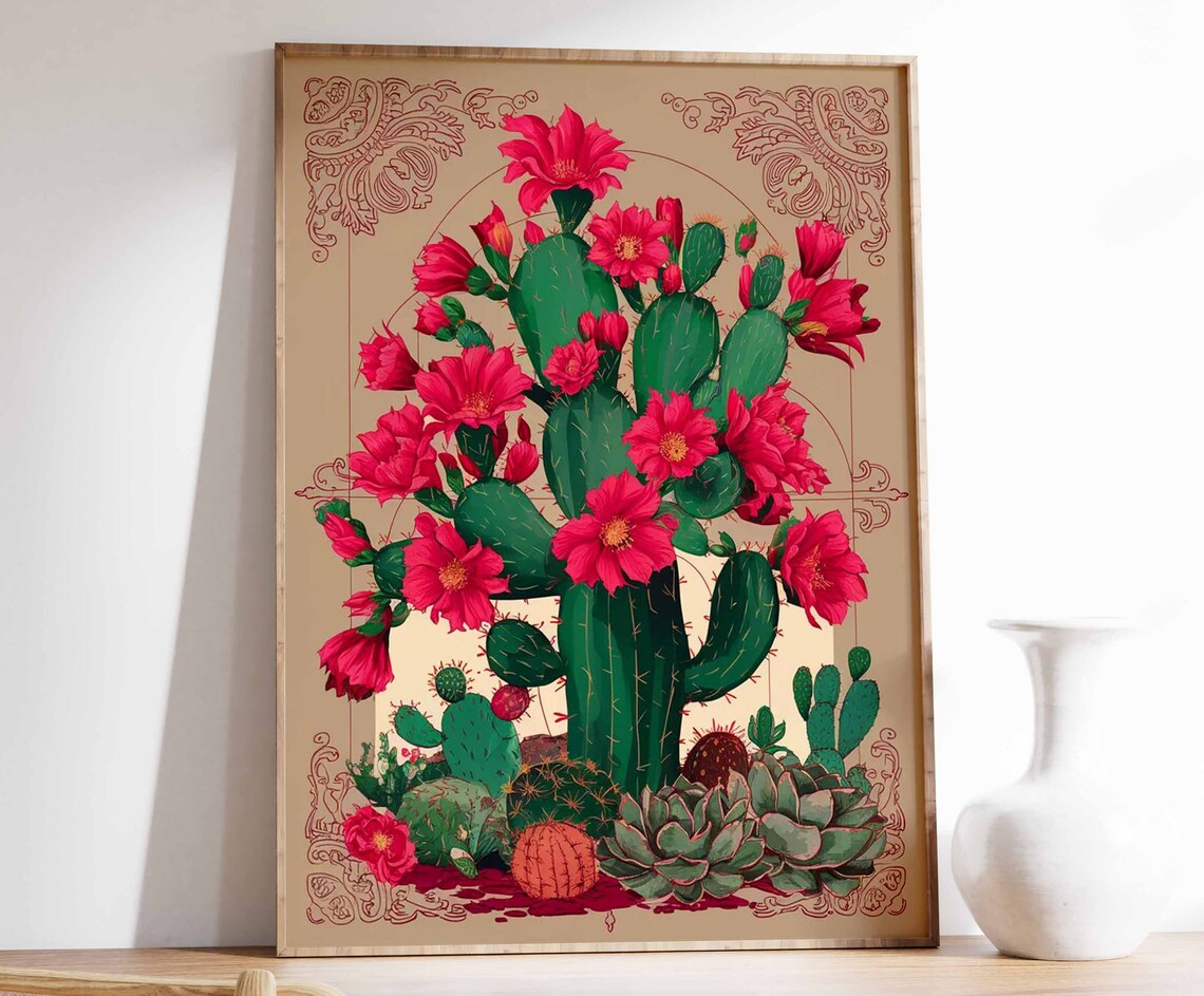 Blooming Prickly Pear Cactus Magenta Blossoms Vintage Poster