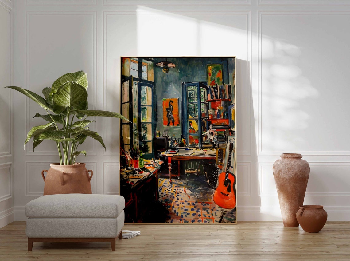 Artist Studio with Acoustic Guitar by French Doors Tile Floor Poster - Image 3