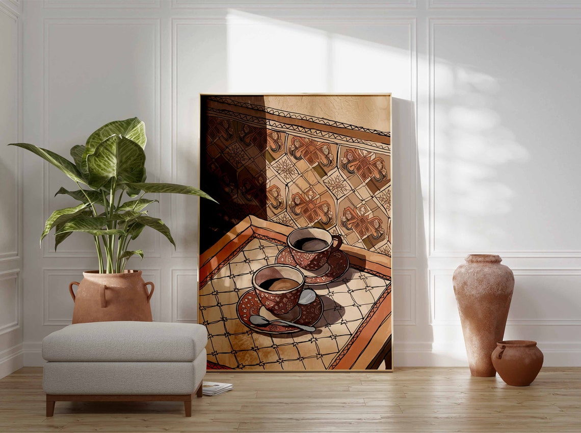 Cozy Patterned Coffee Cups on Moroccan Tile Table Art Poster - Image 3