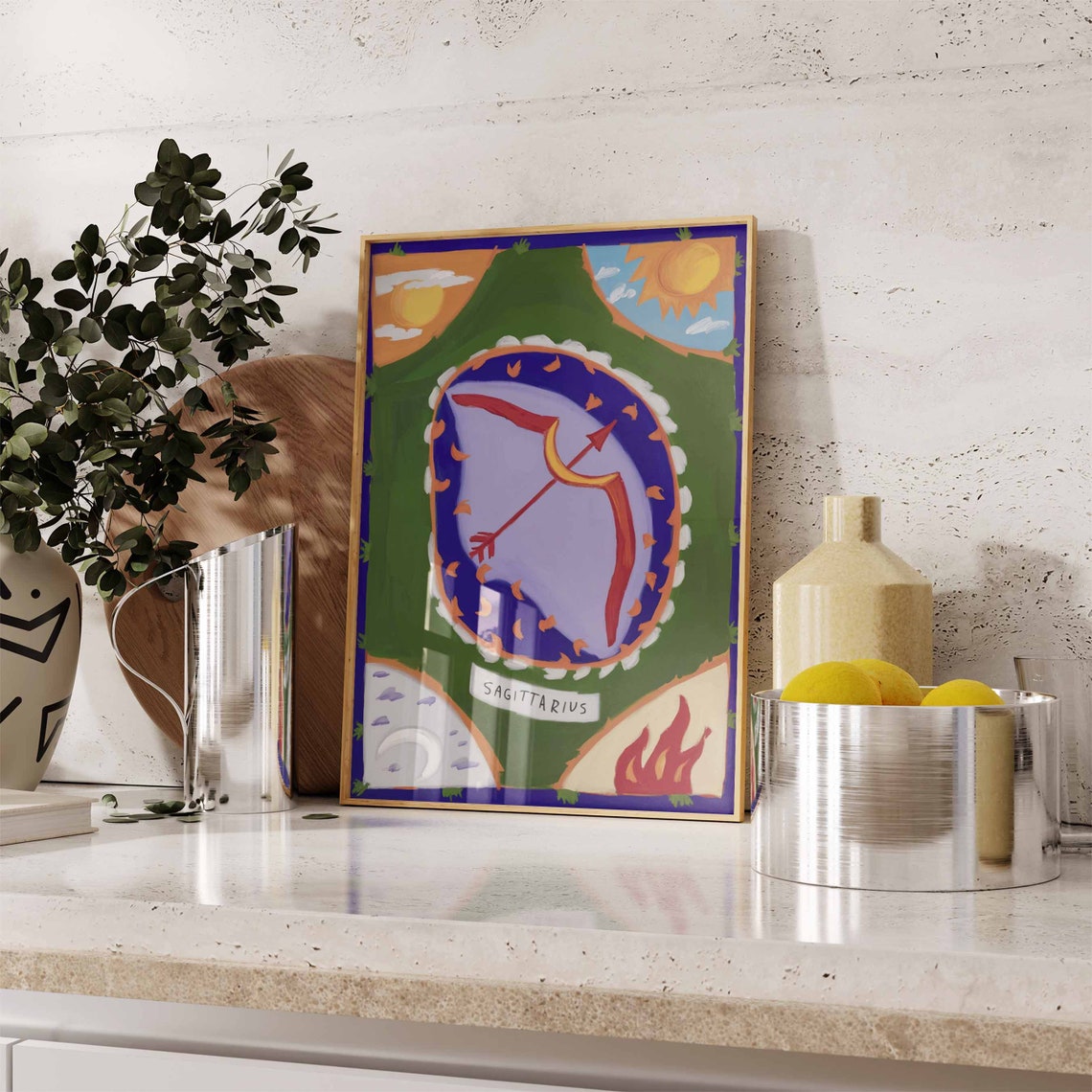 Sagittarius Zodiac Bow Arrow Green Medallion Sun Flame Poster - Image 3