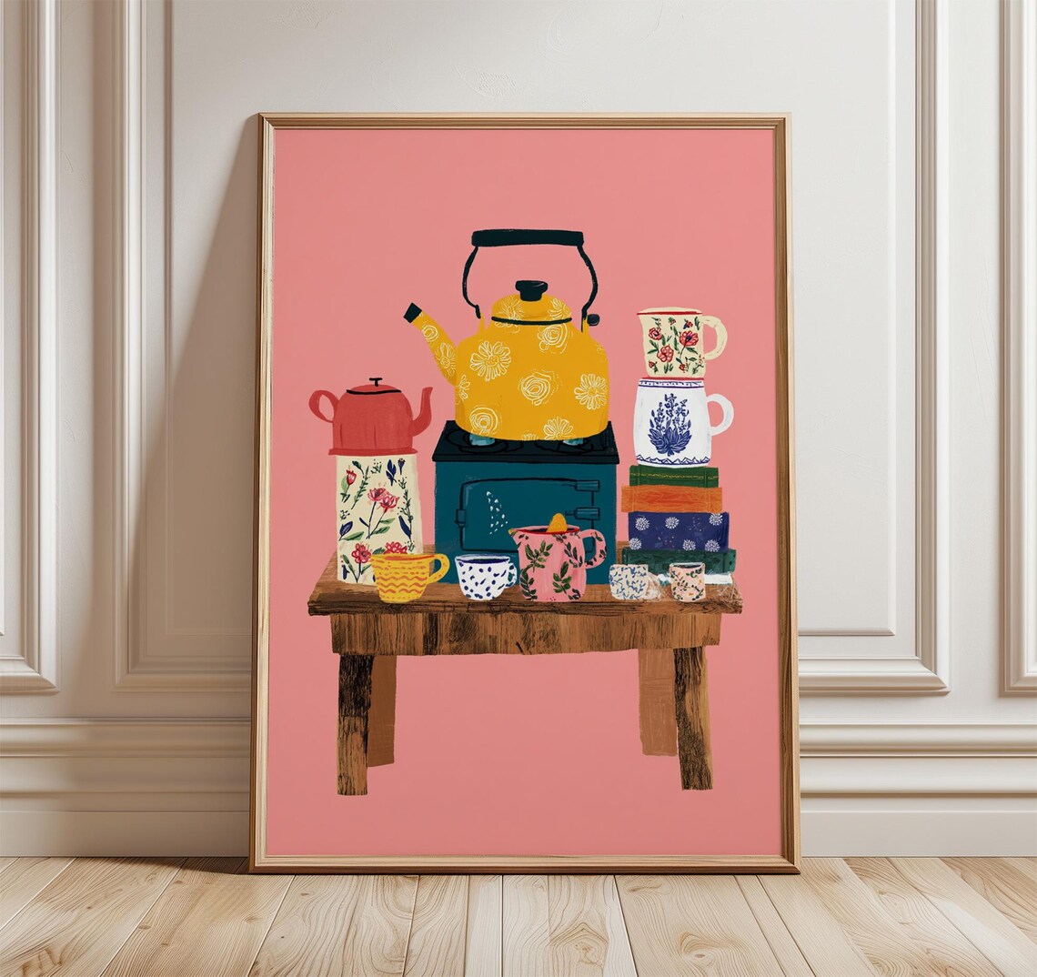 Colorful Teapot Kettle Retro Kitchen Still Life Pink Art Poster