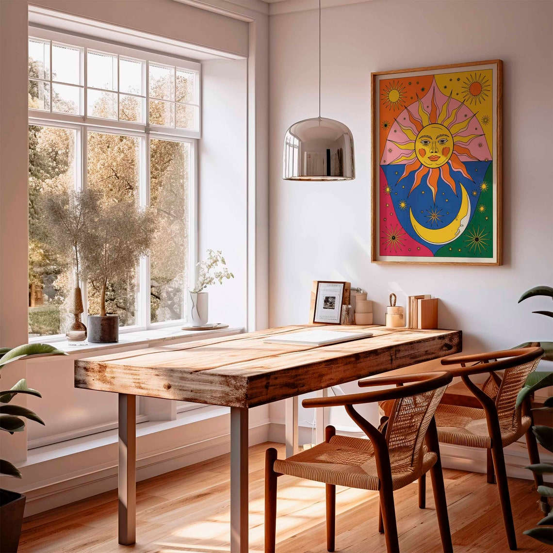 Colorful Retro Sun Face and Crescent Moon Boho Celestial Poster - Image 2