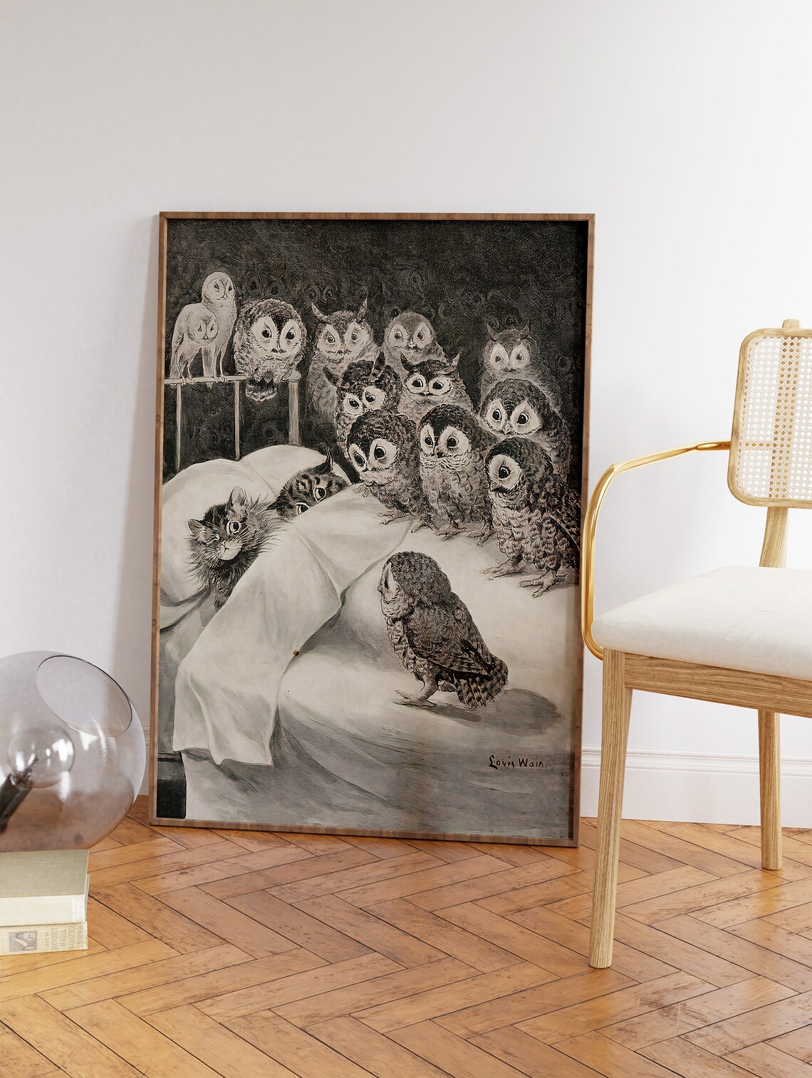 Louis Wain Owls and Cats Classic Vintage Black White Art Print - Image 3