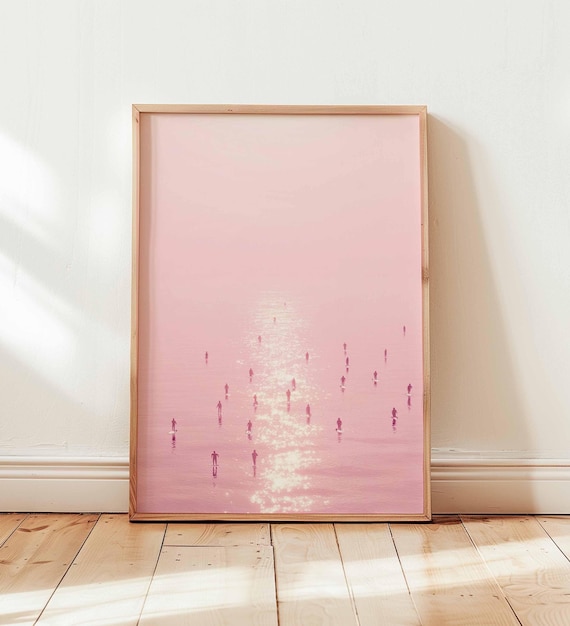 Pink Ocean Swimmers Sunset Water Beach Glittering Summer Poster