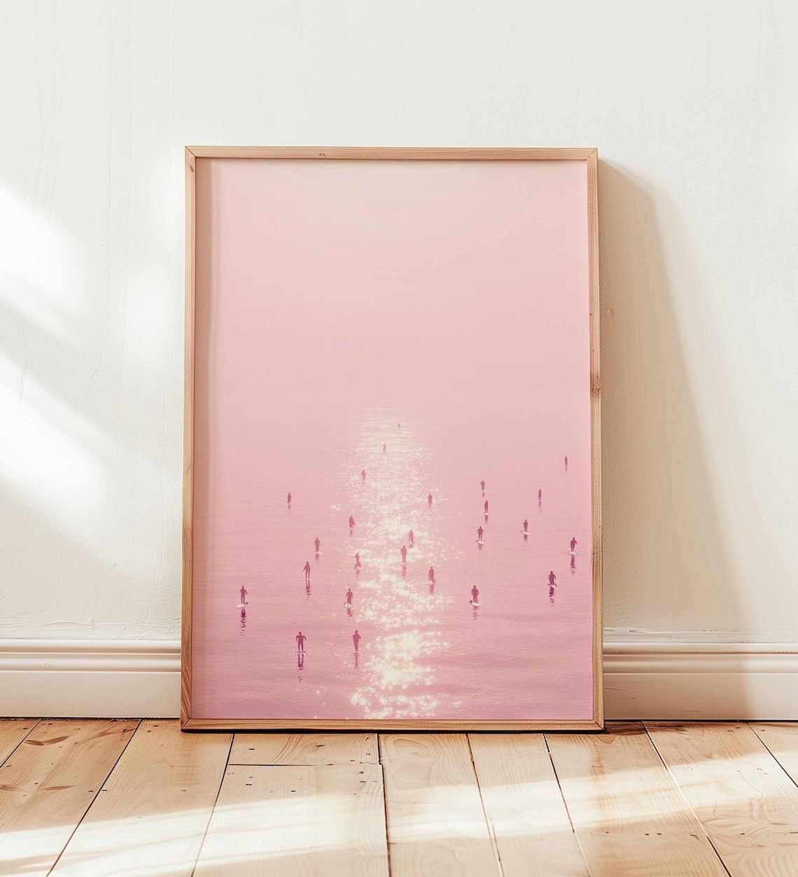 Pink Ocean Swimmers Sunset Water Beach Glittering Summer Poster