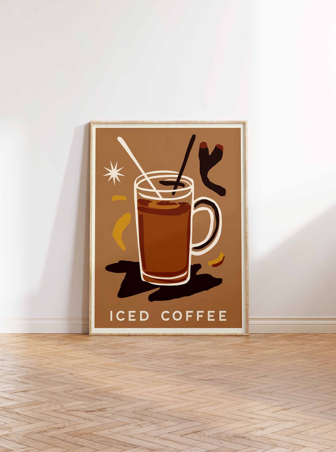 Iced Coffee Retro Mug With Straws Caramel Mid Century Kitchen Poster - Image 2