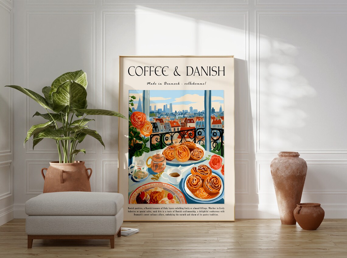 Coffee and Danish Pastries Copenhagen Cafe Culture Art Poster - Image 2