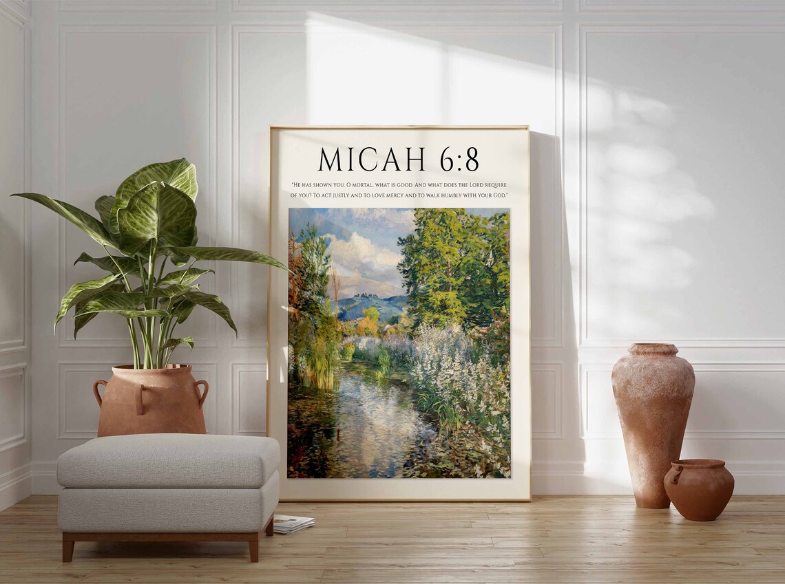 Micah 6:8 Bible Verse Water Garden Impressionist Landscape Art Print - Image 2