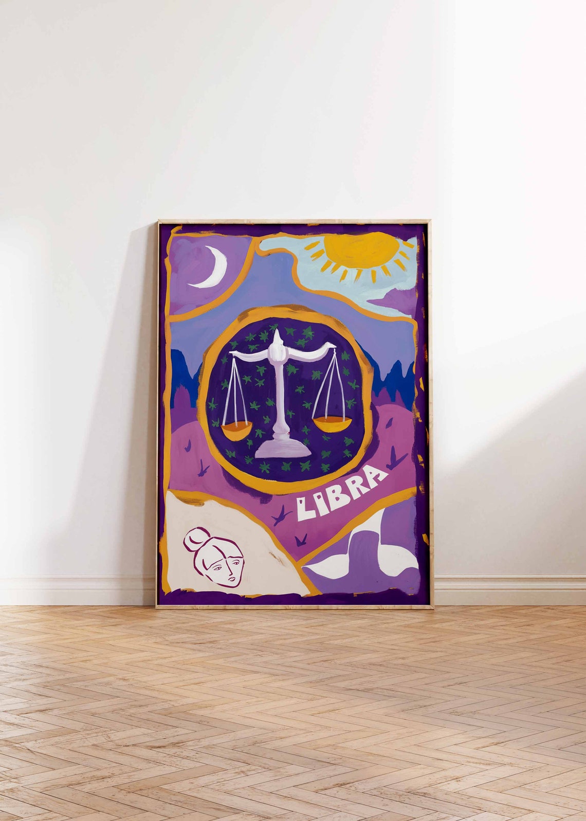 Libra Zodiac White Scales Purple Starry Night Celestial Poster - Image 2