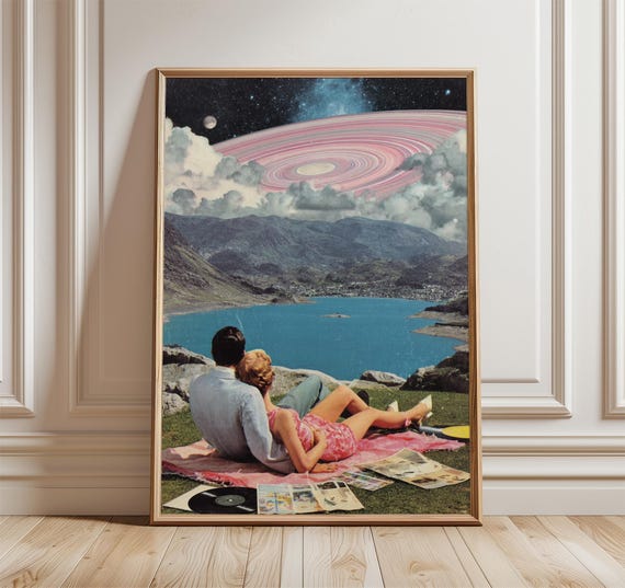Surreal Beach Collage Art Print Retro Dreamscape Wall With Saturn Sky Vintage Pop Poster Whimsical Cosmic Home Decor