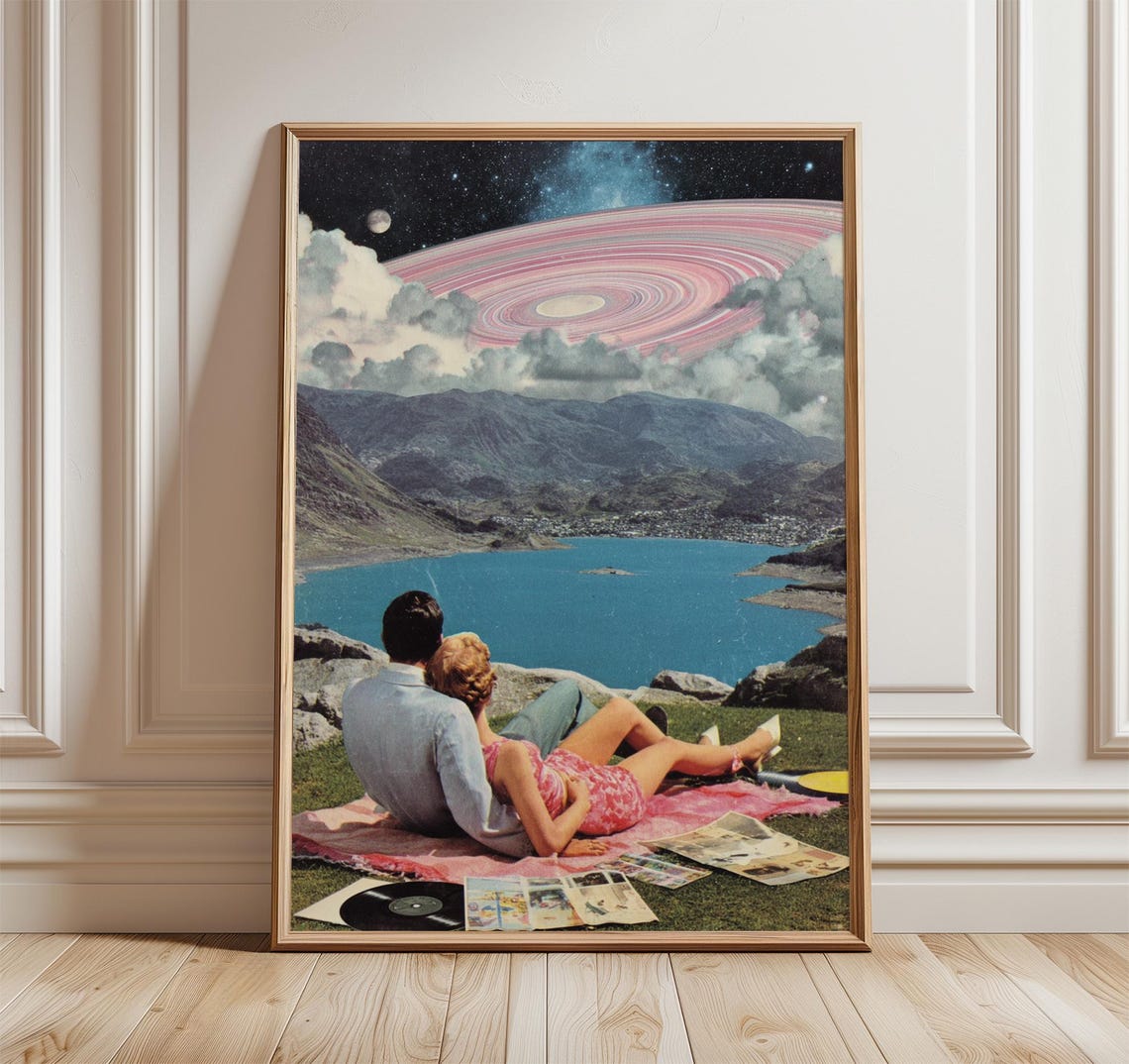 Surreal Beach Collage Art Print Retro Dreamscape Wall With Saturn Sky Vintage Pop Poster Whimsical Cosmic Home Decor