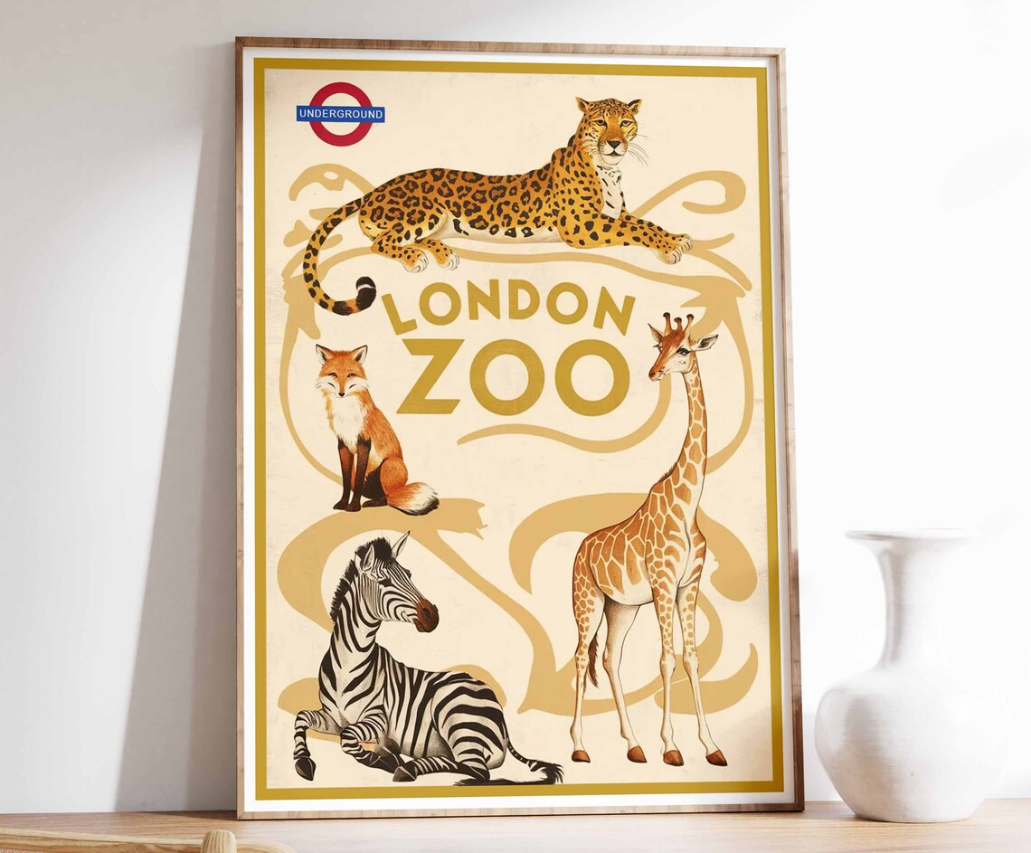 London Zoo Leopard Giraffe Zebra Vintage Travel Art Poster Scene