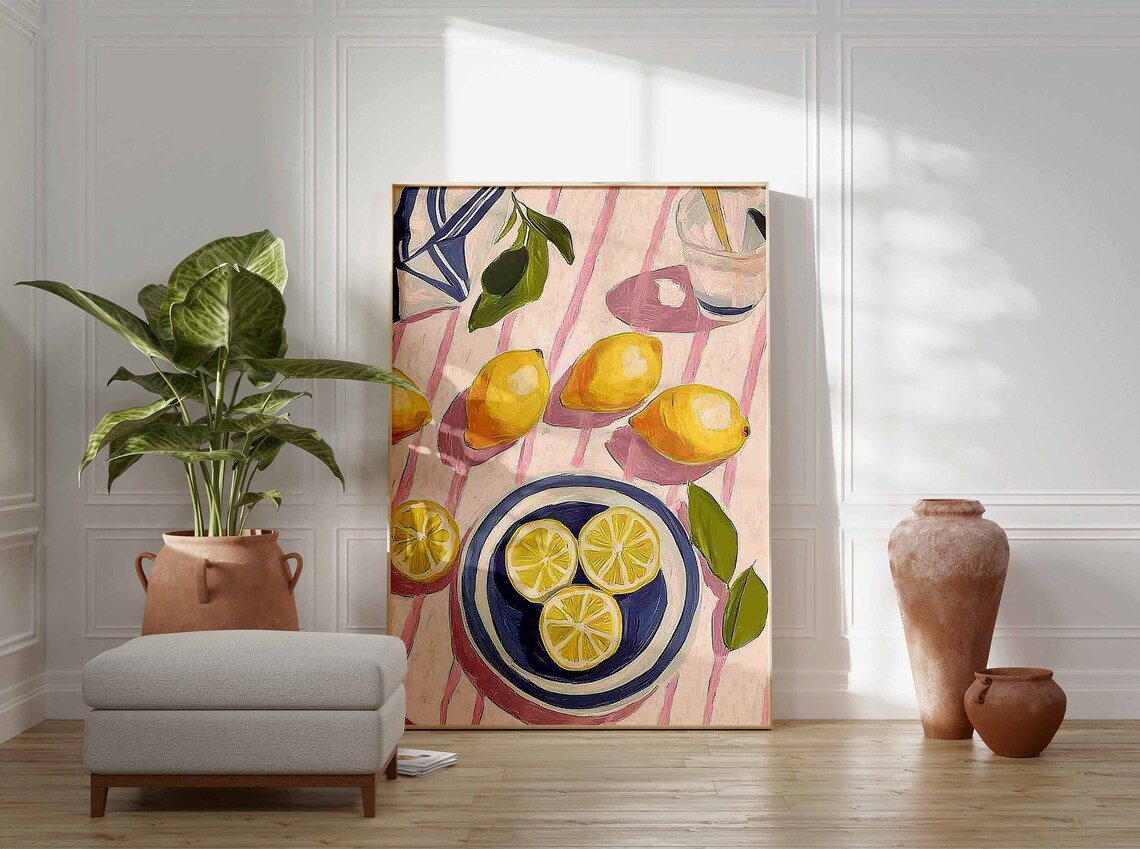 Colorful Lemon Picnic Pink Striped Cloth Summer Kitchen Art Poster - Image 3
