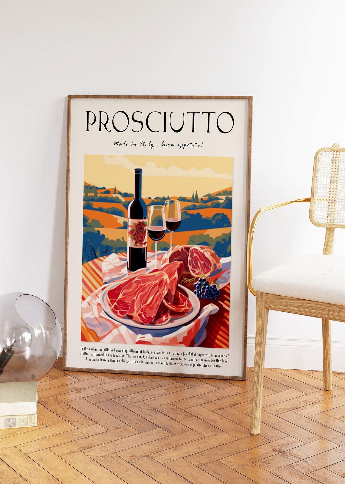 Italian Prosciutto and Wine Vintage Food Illustration Kitchen Poster - Image 2