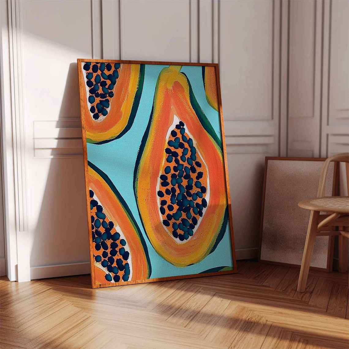 Big Juicy Papaya Halves on Aqua Painterly Pop Art Fruit Poster - Image 2