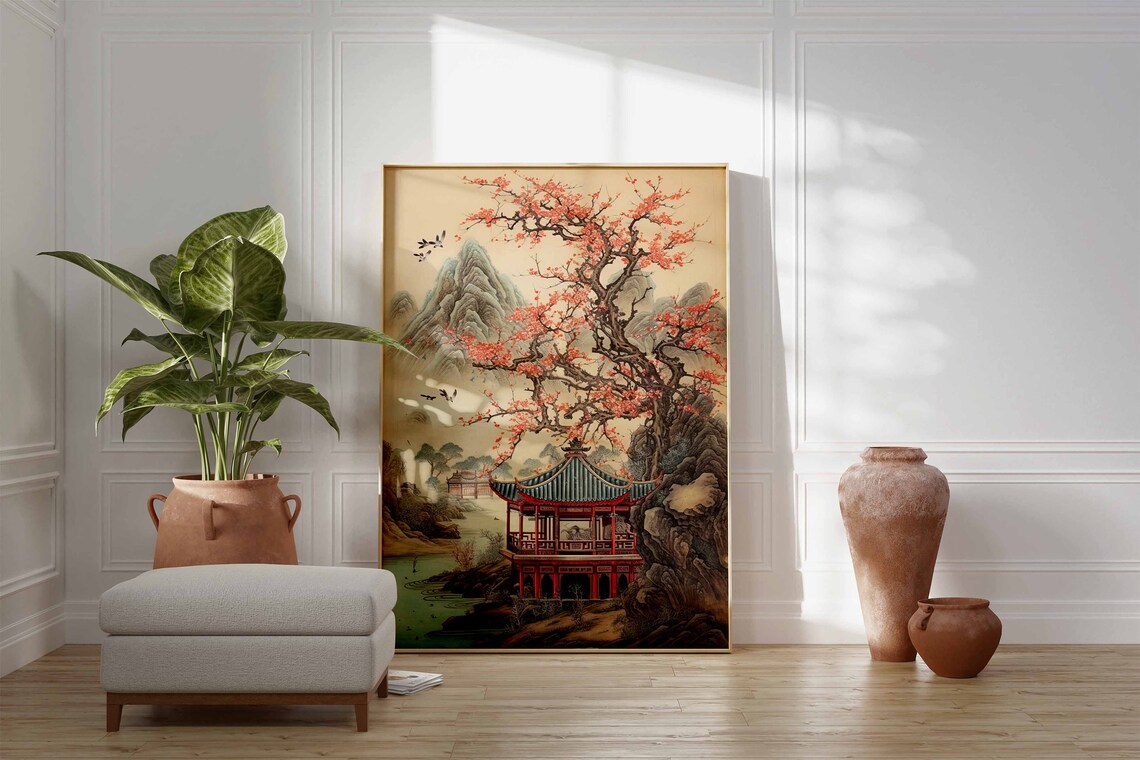 Chinese Vintage Art Print, Oriental Landscape Floral - Image 2
