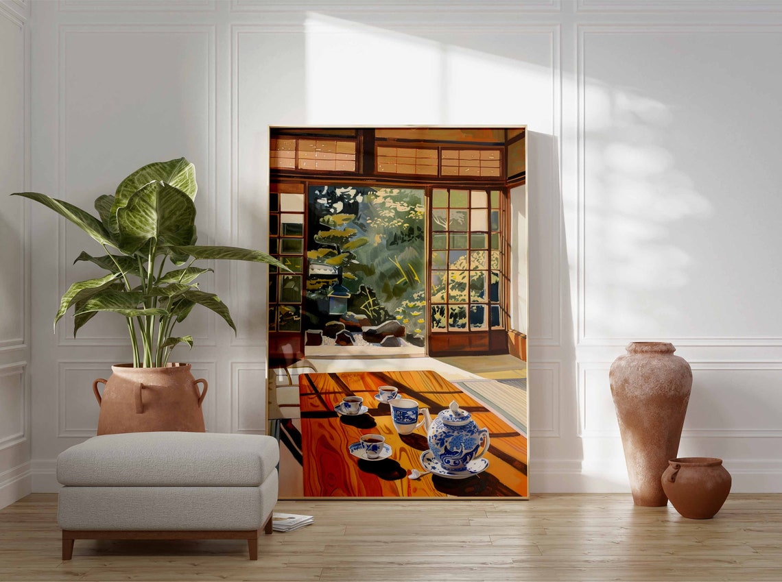 Japanese Tea House Interior Porcelain Tea Set Garden Art Print - Image 3