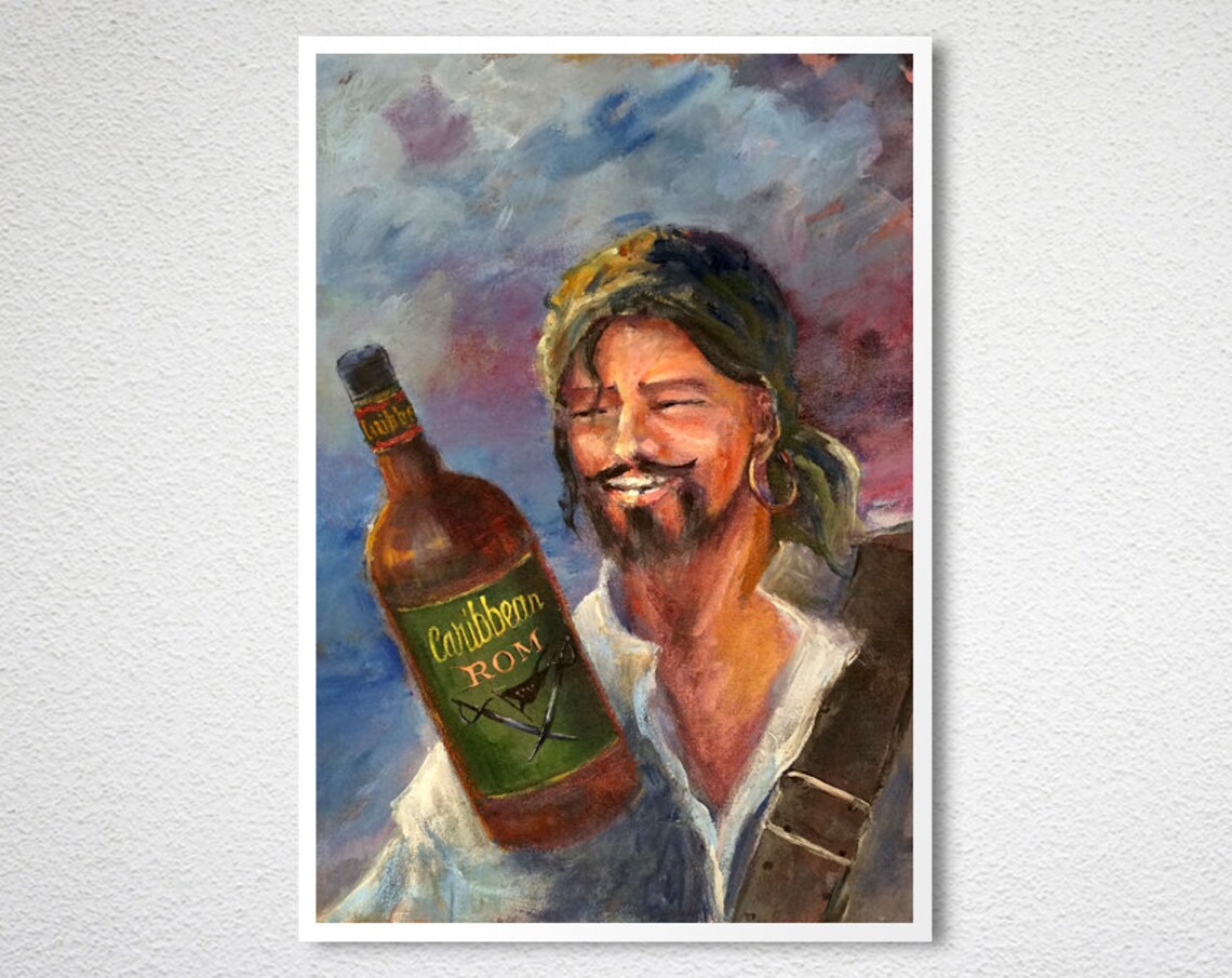 Smiling Pirate Caribbean Rum Bottle Whimsical Painting Poster - Image 2