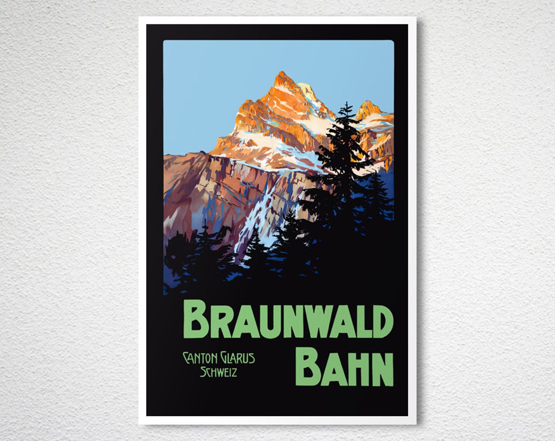 Braunwald Bahn Canton Glarus Switzerland Alpine Peak Vintage Poster - Image 2