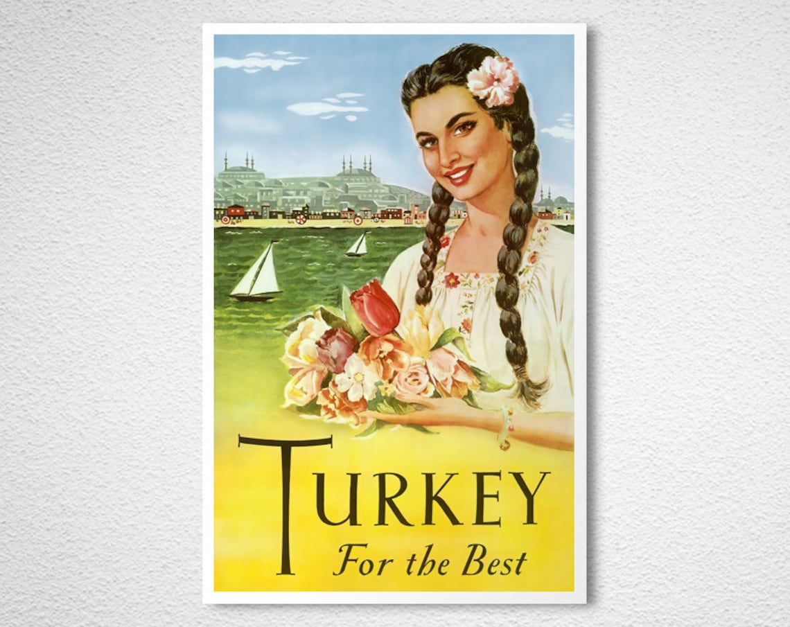 Turkey For the Best Vintage Travel Poster Woman Tulips Istanbul Scene - Image 2