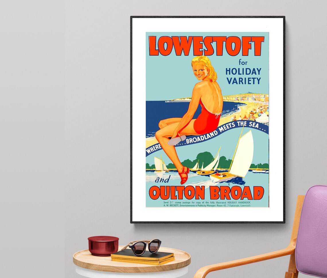 Lowestoft and Oulton Broad Vintage English Holiday Seaside Poster