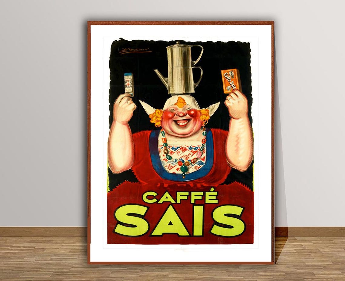 Caffe Sais Coffee Smiling Woman Pots Vintage Italian Ad Poster - Image 2