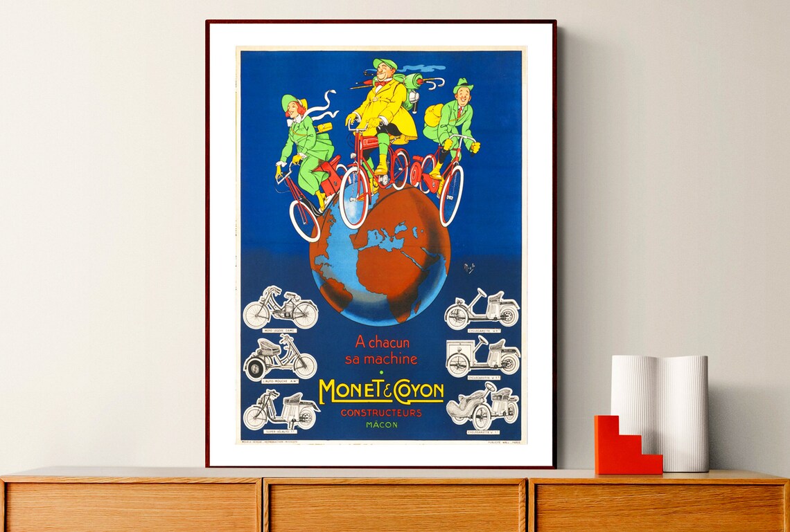 Monet and Goyon Motorcycles Globe Riders French Vintage Motor Ad Poster - Image 2