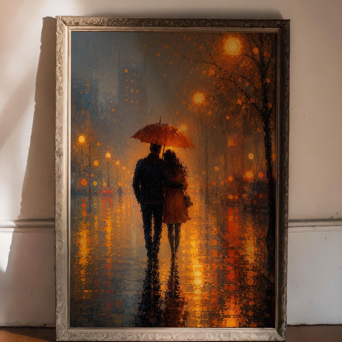 Romantic Rainy City Couple Under Umbrella, Travel Poster