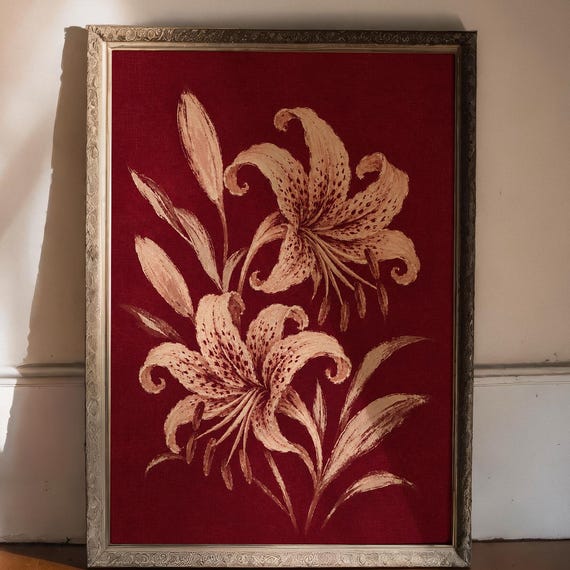 Burgundy Tiger Lily Wall Poster Vintage Botanical Flower Print Cream Floral Art Decor